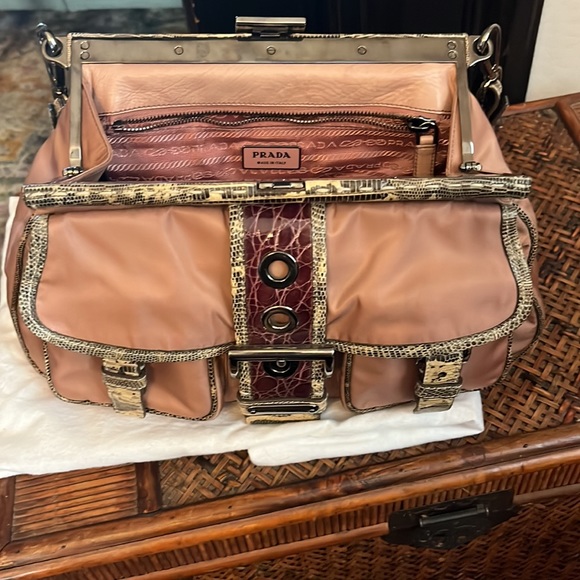 Prada Purse in Blush Nylon with Snake skin detail and gunmetal hardware - Picture 6 of 8